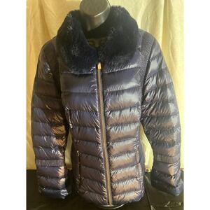 Ted Baker Navy Blue Puffer Jacket coat white goose down Faux Fur Collar sm/med
t